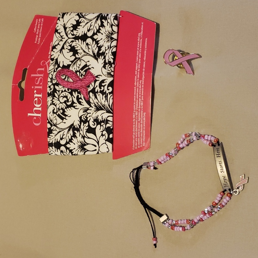 Pink Ribbon Breast Cancer Awareness Set Bracelet, Pin, Koozie $5 Add-on